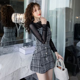 Maine Set: Mesh Long-Sleeve Top Tweed Spaghetti Strap Dress