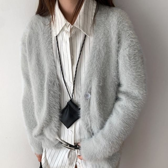 Striinkie-V-Neck Plain Fluffy Cardigan