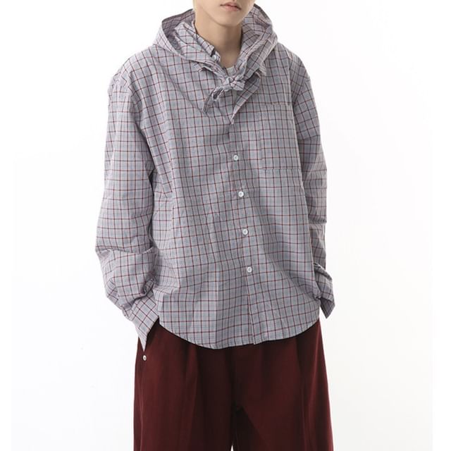 FAERIS-Long-Sleeve Plaid Hooded Button-Up Shirt