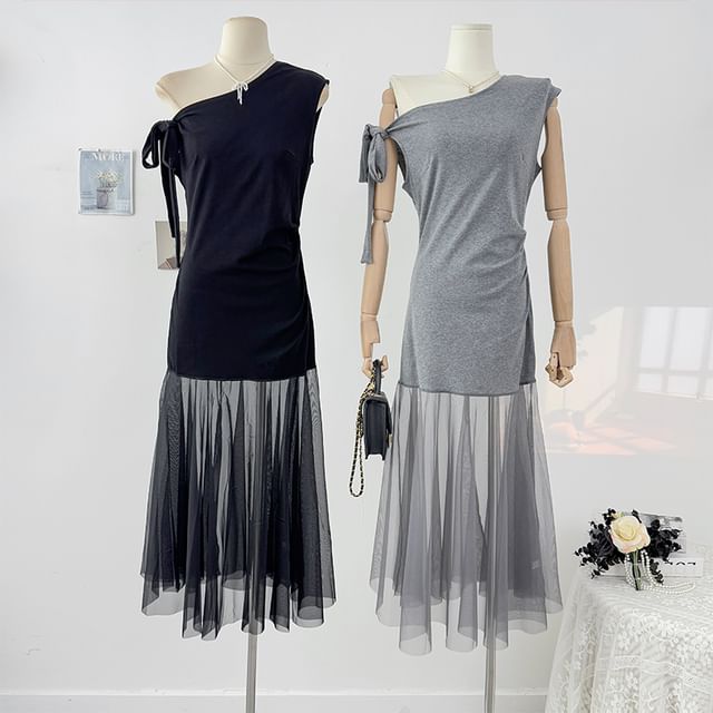 Lemongrass-Sleeveless One Shoulder Plain Sheer Panel Maxi Bodycon Dress