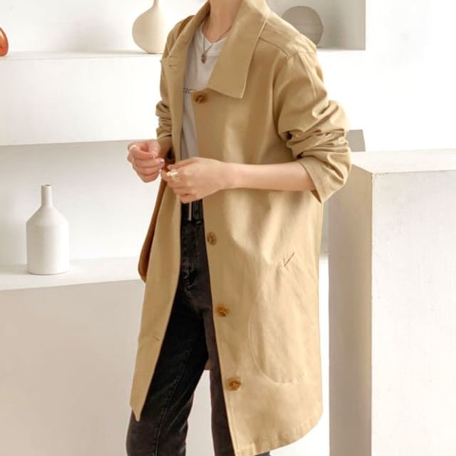 Inchioh-Plain Long Single-Breasted Trench Jacket