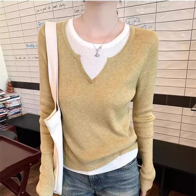 Cloud Nine-Mock Two-Piece Long-Sleeve Round Neck Two Tone Ribbed Knit Top