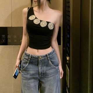 Yako-Sleeveless One Shoulder Plain Rhinestone Crop Top