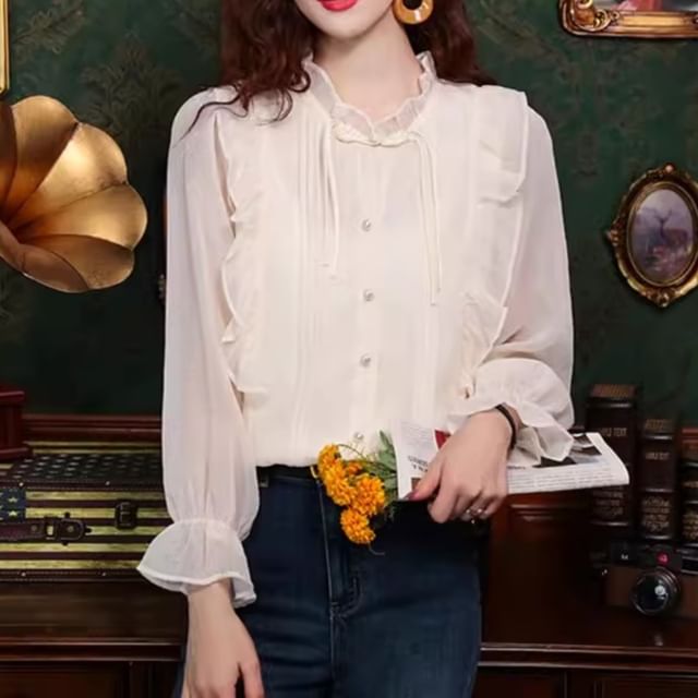 Dragan Pulse-Puff-Sleeve Plain Ruffle Blouse