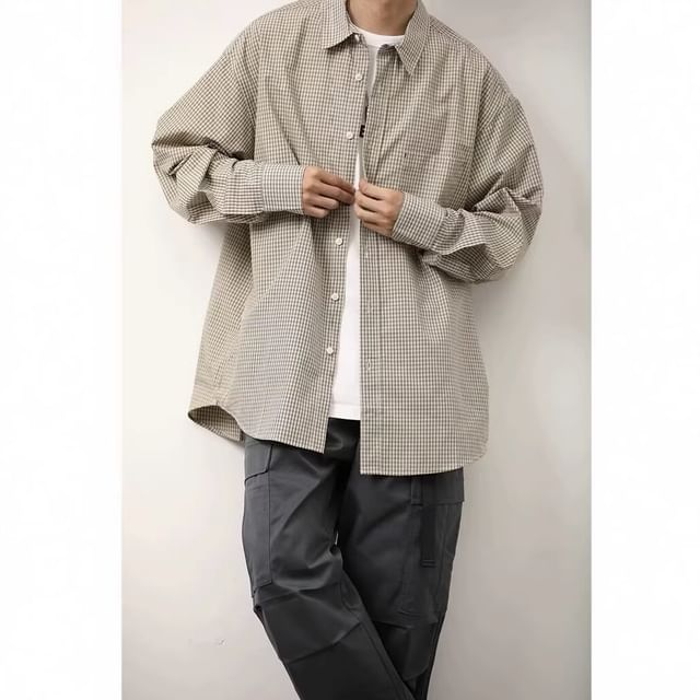 Double White-Long Sleeve Collared Plaid Shirt