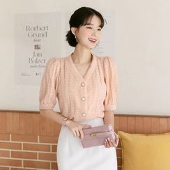CHICLINE - Lace-Trim Pattern-Embossed Blouse