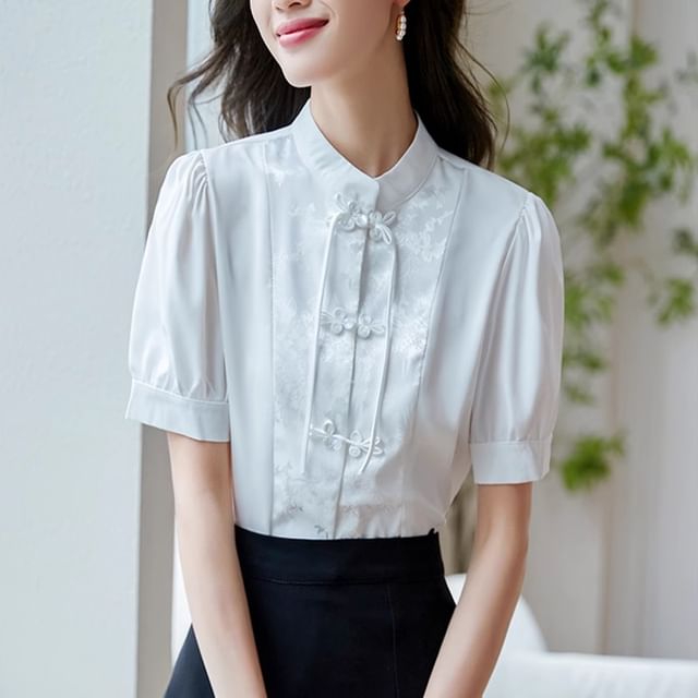 Dragan Pulse-Short-Sleeve Stand Collar Jacquard Panel Frog Buttoned Blouse