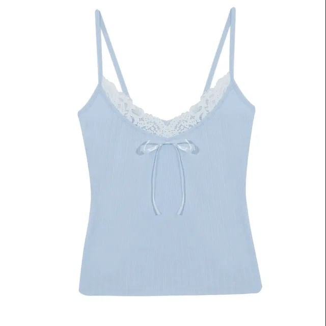 ANORA-Plus Size Plain Bow Lace Trim Cami Top