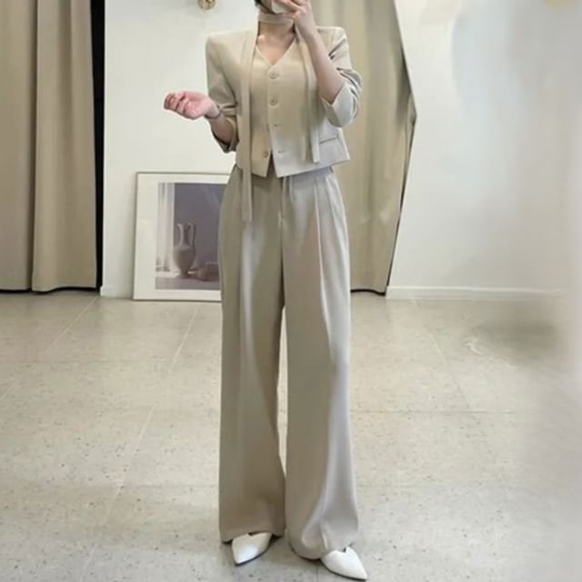 Yilda-Set Collarless Plain Single-Breasted Blazer High Waist Loose Fit Slacks Skinny Scarf