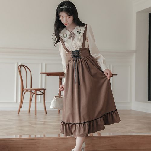 Set Flower Embroidered Shirt Plain Lace Up Midi Overall Dress