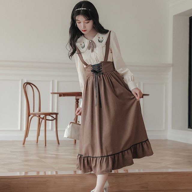 sansweet - Set: Flower Embroidered Shirt + Plain Lace-Up Midi Overall Dress | YesStyle sansweet - Set: Flower Embroidered Shirt + Plain Lace-Up Midi Overall Dress | YesStyle
