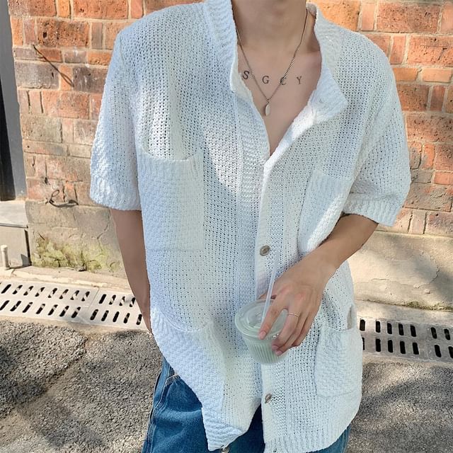 Adothuiastic-Short-Sleeve Pocket Detail Cardigan