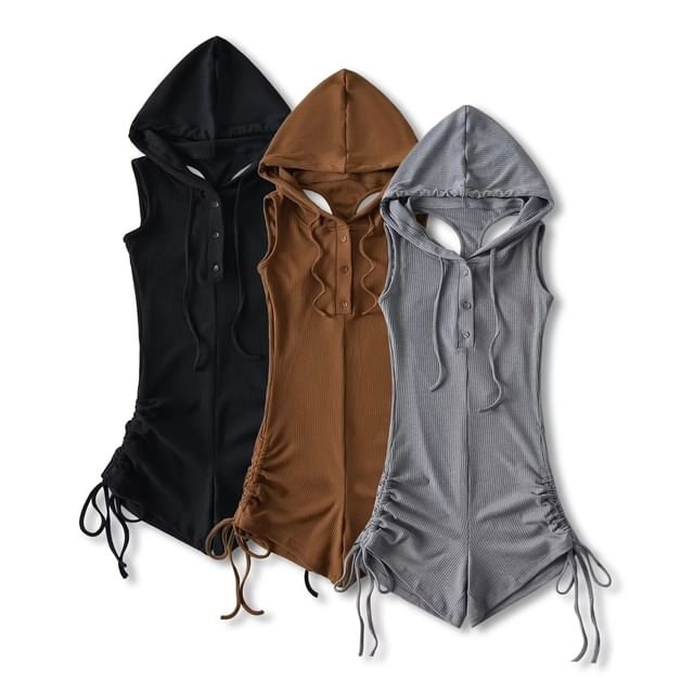Asiris-Sleeveless Henley Plain Hooded Drawstring Romper
