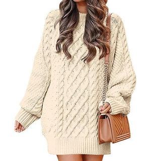 Parisocrates Crew Neck Plain Cable Knit Mini Oversized Sweater Dress Sale