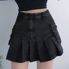 Honet - Pleated Denim Mini A-Line Skirt