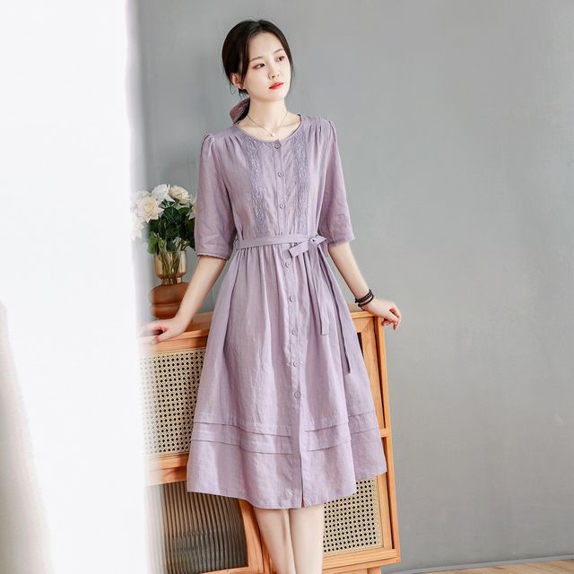 lynnhyee - Short-Sleeve Crew Neck Linen Midi A-Line Dress | YesStyle lynnhyee - Short-Sleeve Crew Neck Linen Midi A-Line Dress | YesStyle