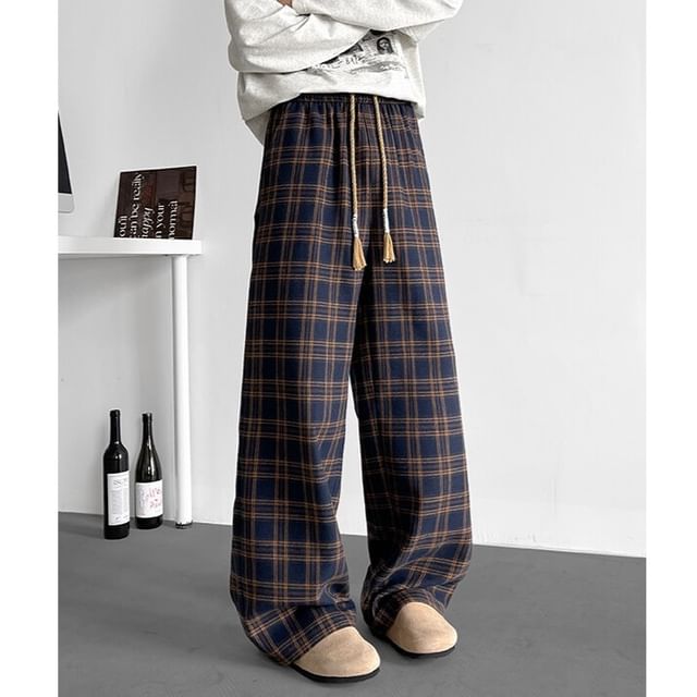 Diphon-Mid Rise Plaid Wide Leg Pants