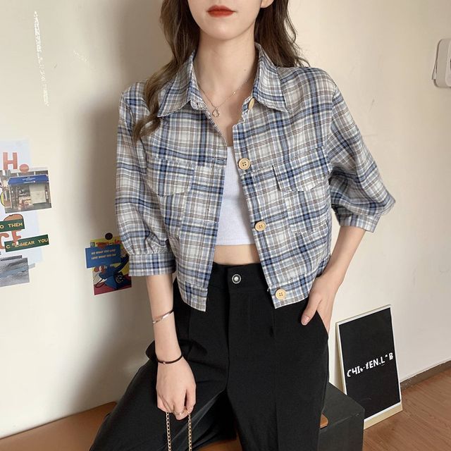 OUREA - Puff-Sleeve Plaid Shirt | YesStyle