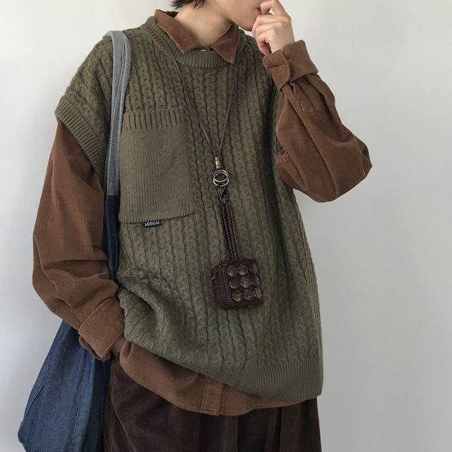 Adothuiastic-Crew Neck Plain Cable Knit Sweater Vest Long-Sleeve Collared Plain Shirt