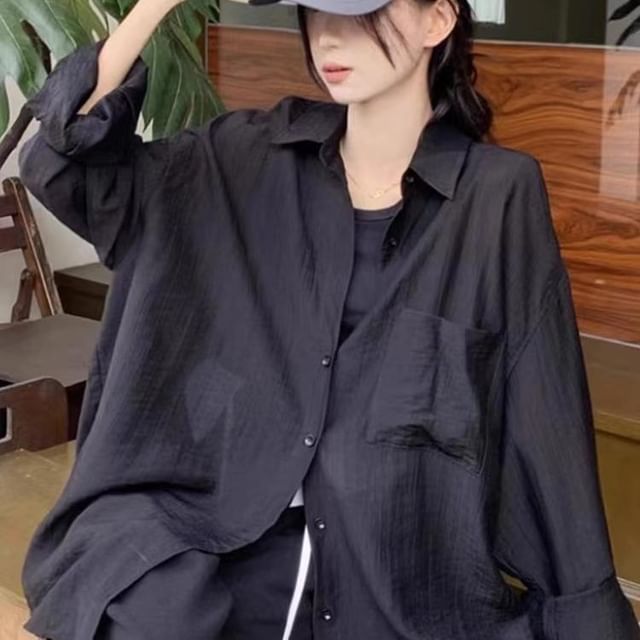 Yako-Long-Sleeve Pocketed Plain Shirt