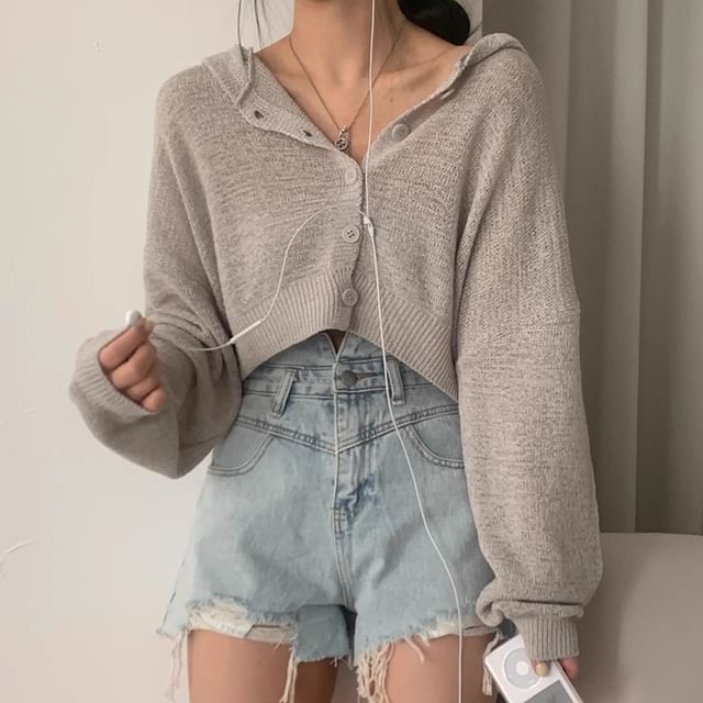 Coris-Hooded Plain Crop Cardigan