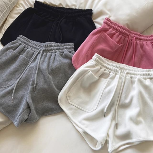 Yako-Drawstring Waist Plain Sweat Shorts