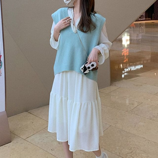 Blimnic - Puff-Sleeve Plain Midi A-Line Tiered Dress / V-Neck Knit Sweater Vest / Set | YesStyle Blimnic - Puff-Sleeve Plain Midi A-Line Tiered Dress / V-Neck Knit Sweater Vest / Set | YesStyle