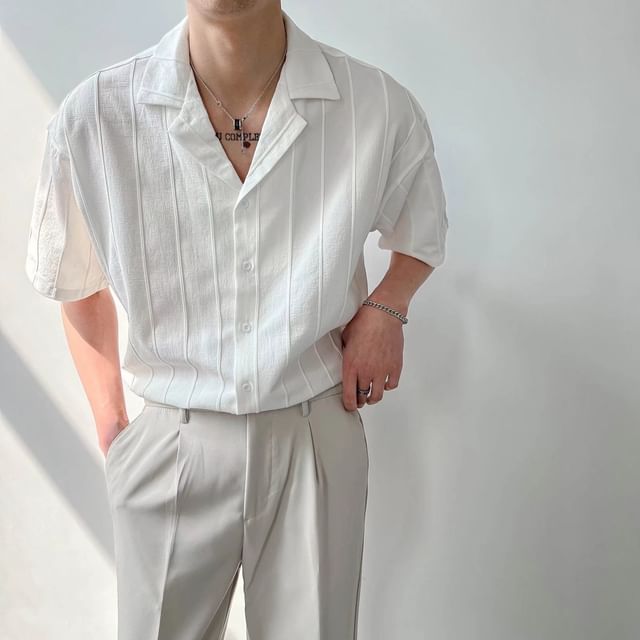 WidoWilder-Elbow-Sleeve Lapel Collar Plain Textured Button-Up Shirt