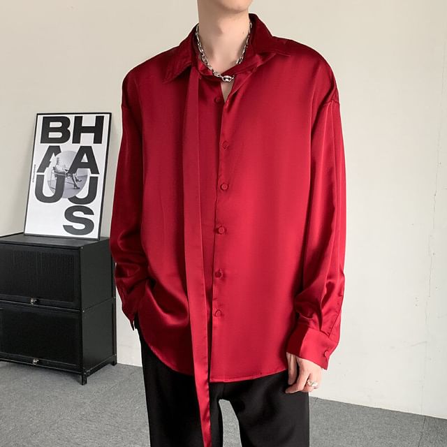 Orungeetun-Long Sleeve Collared Plain Satin Shirt