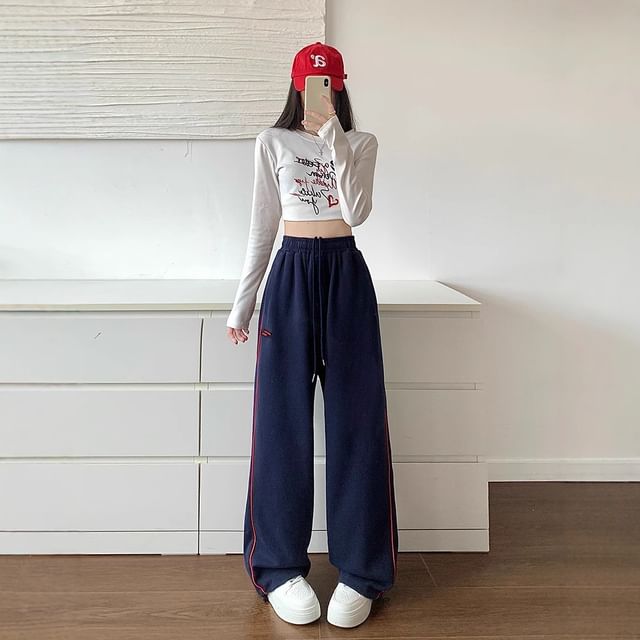 Dovitade-Drawstring Waist Striped Baggy Pants