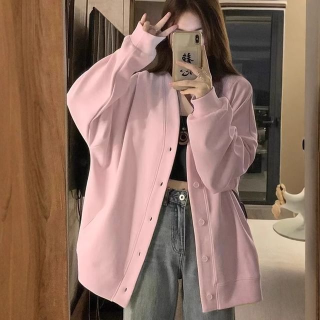 Dovitade-V-Neck Plain Oversized Bomber Jacket