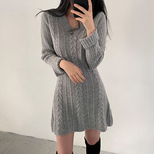 V Neck Knit Sweater Dress - Grey