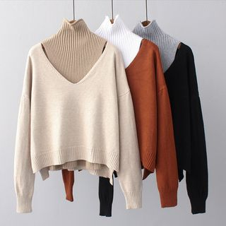 Quelite - Set: Turtleneck Sleeveless Top + V-neck Sweater | YesStyle