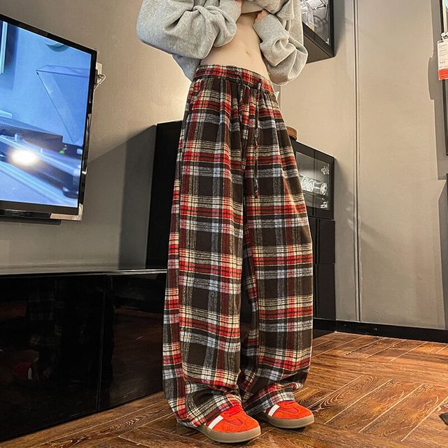 Orungeetun-Drawstring Waist Plaid Wide Leg Pants