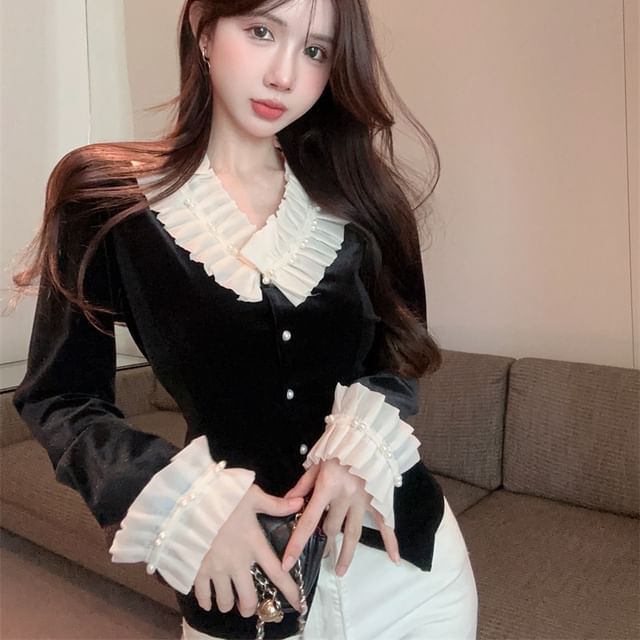 Whoosh-V-Neck Plain Ruffle Blouse