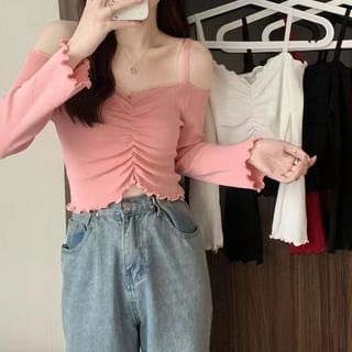 Faiar-Off Shoulder Ruffle Sleeve Ribbed Knit Crop Top
