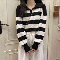 Bambu - Polo Collar Stripe Loose Fit Sweater