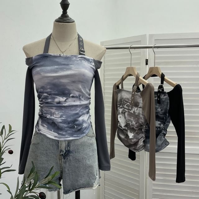 Allinya-Long-Sleeve Halter Neck Tie Dye Top