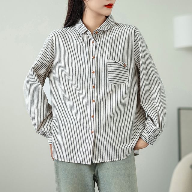 Supernova-Long Sleeve Collared Striped Shirt