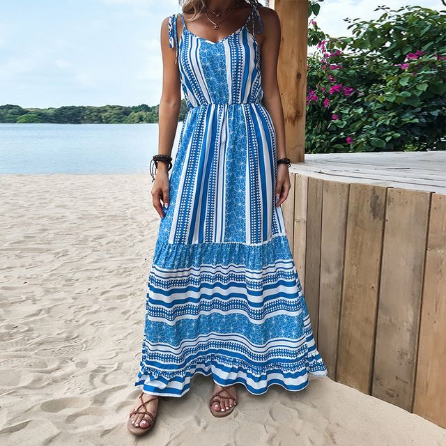 ALISO - Spaghetti Strap V-Neck Pattern Print Maxi Beach Dress | YesStyle