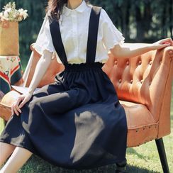 Fancy Show(ファンシーショー) - Set: Short-Sleeve Blouse + Midi Suspender Skirt