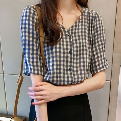 Pachelbel - Short-Sleeve Gingham Check Blouse | YesStyle