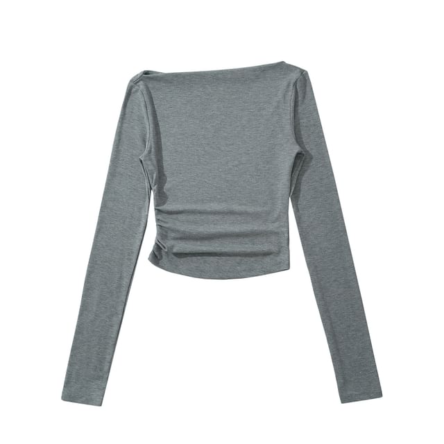 Hollahop-Long Sleeve One Shoulder Plain Ruched Crop Top