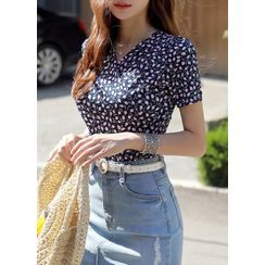 Styleonme - Shirred Floral Wrap Top Styleonme - Shirred Floral Wrap Top