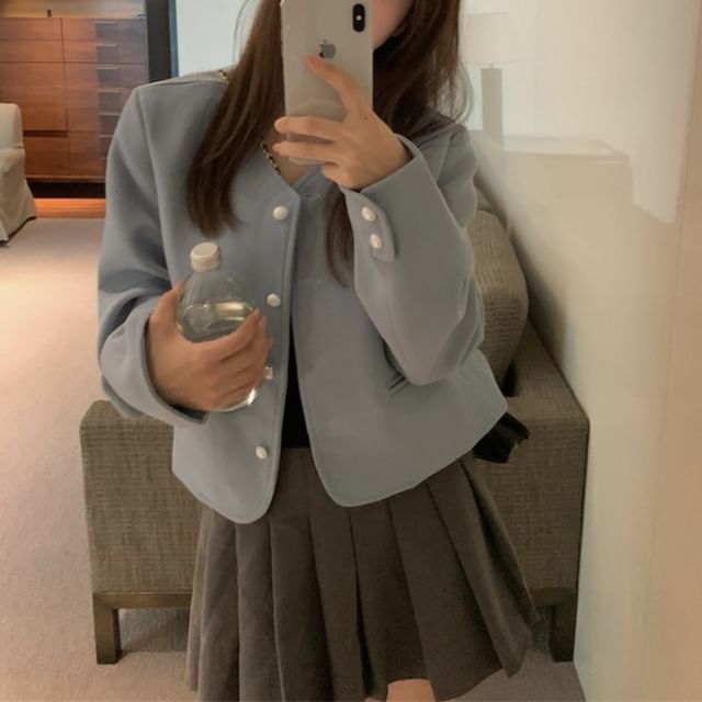 Beem-V-Neck Plain Faux Pearl Button Jacket
