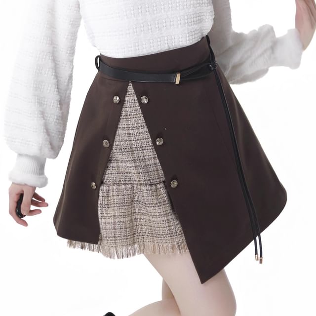 Florimi-High Waist Asymmetrical Double Breasted Panel Tweed Mini A-Line Skirt