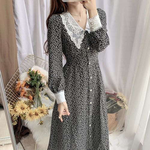 Neon Nite - Long-Sleeve Lace Trim Floral Print Midi A-Line Dress