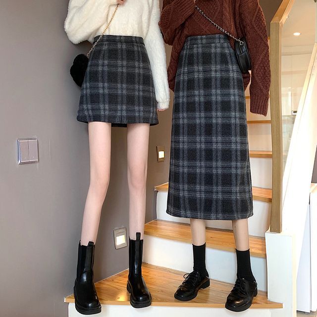 Funciental High Waist Plaid Midi Pencil Skirt Mini A-Line