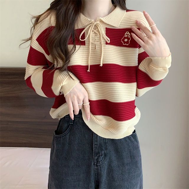 Ukiyo Collar Striped LaceUp Sweater YesStyle