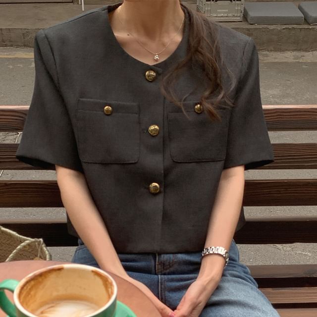 Jesong-Short Sleeve Round Neck Tweed Button Jacket